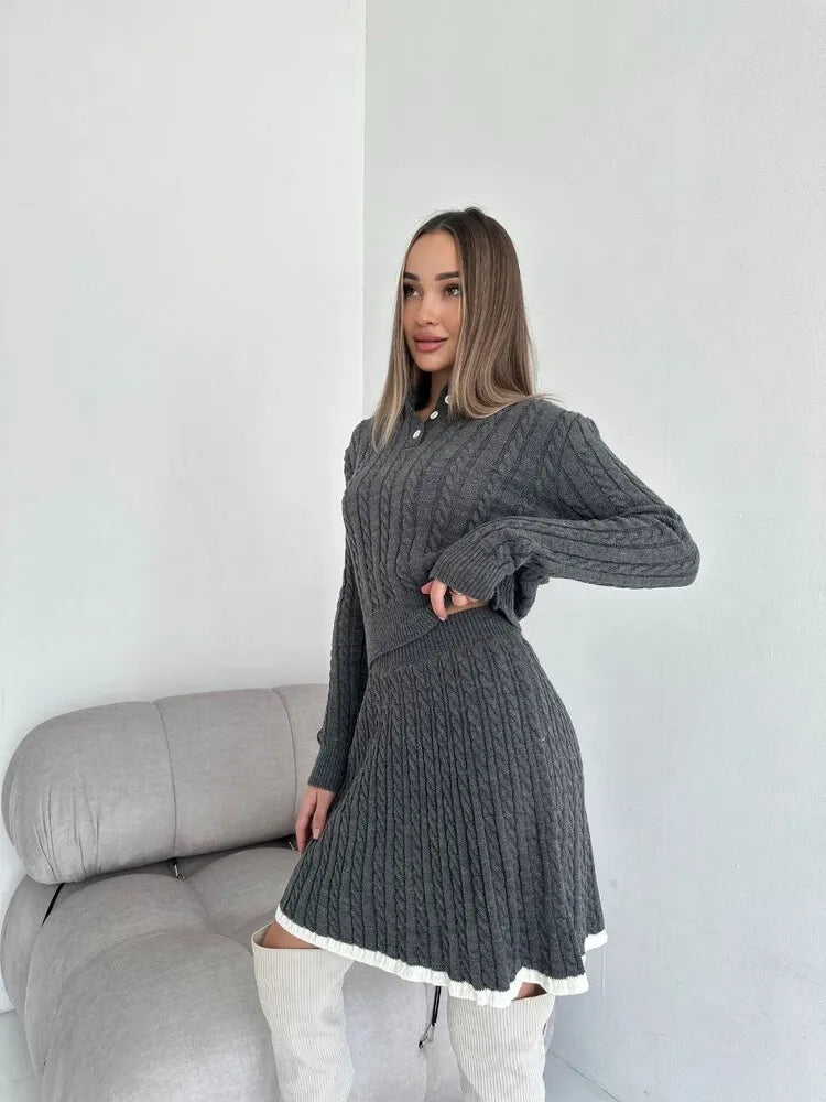 BKLD 2026 New Casual Skirt Sets Long Sleeve Tops Knitted Button Sweater And Mini Skirts Two Piece Sets Clothes For Women