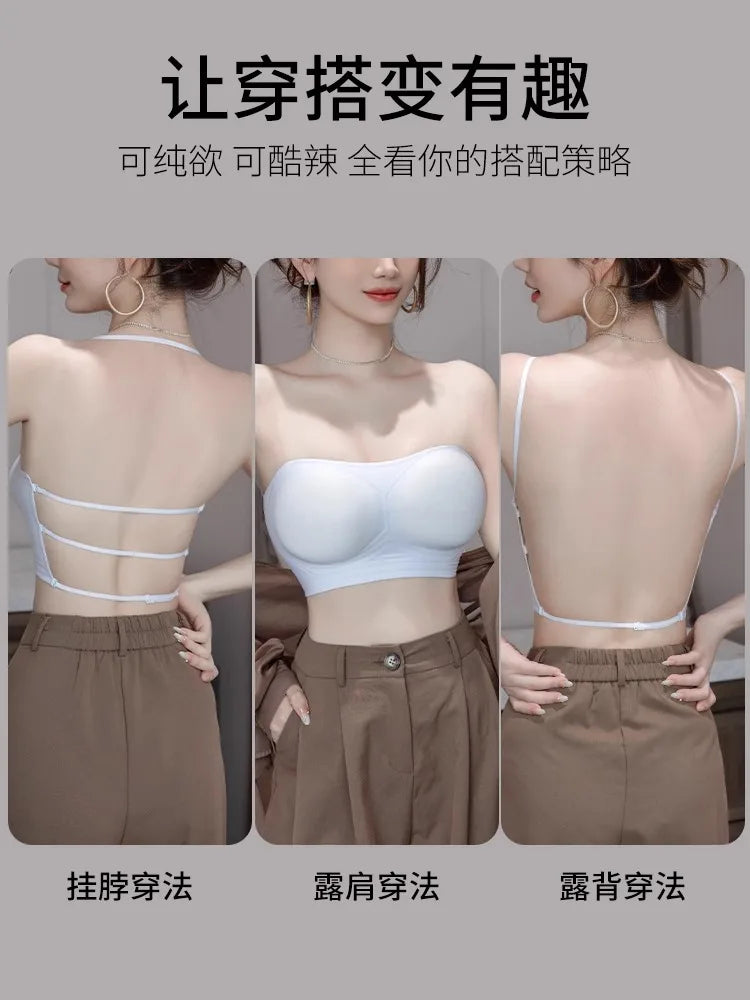 MOYISU Backless Halter Bra with Pads Cross Straps for Small Boobs, Volumizing Push Up Bralette, Strapless Plunge Dress Underwear