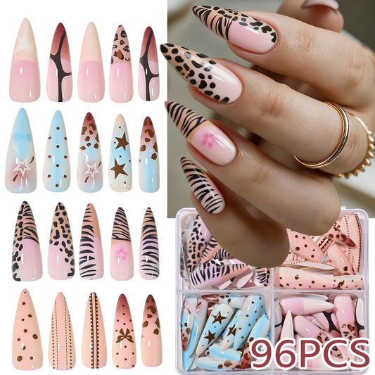 96Pcs French Almond Full Cover Fake Nail with Leopard Print Design 3D Bow Star Long Stiletto False Nails Women Press on Nails