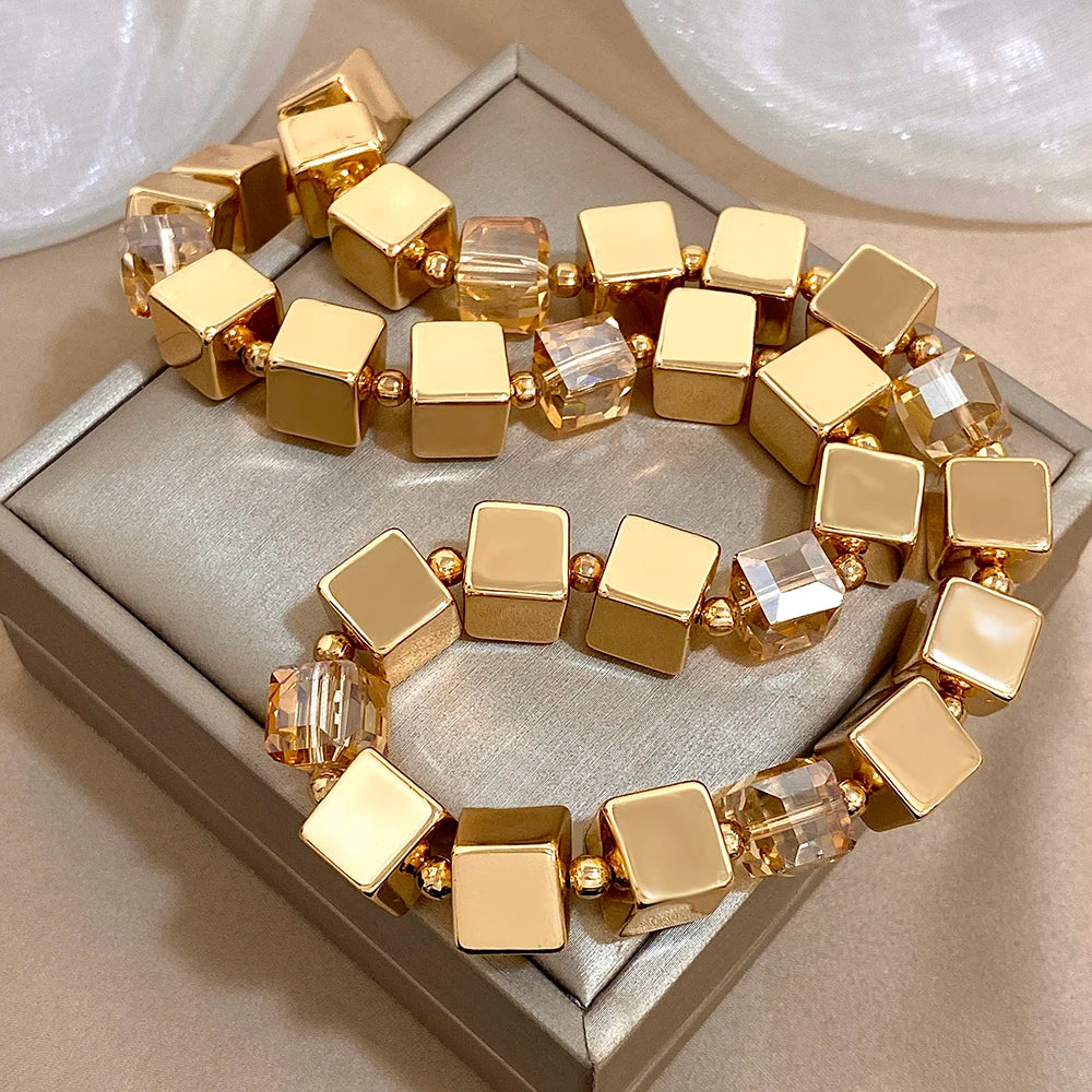 Women's Set Jewelry New Design CCB Gold Color Geometry Cube Square Shape Thick Chain Necklace Bracelet Fashion Jewelry Gift ﻿
