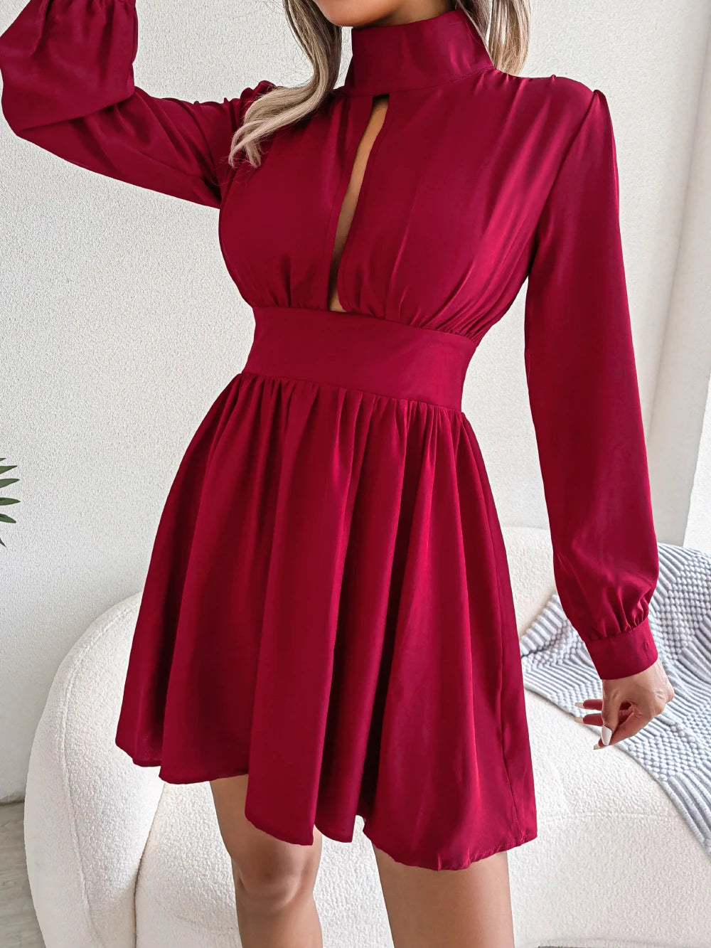 Spring Autumn Casual Solid Hollow Out Long Sleeve A Line Dress for Women Elegant Mini Dresses Red Black White Woman Clothing
