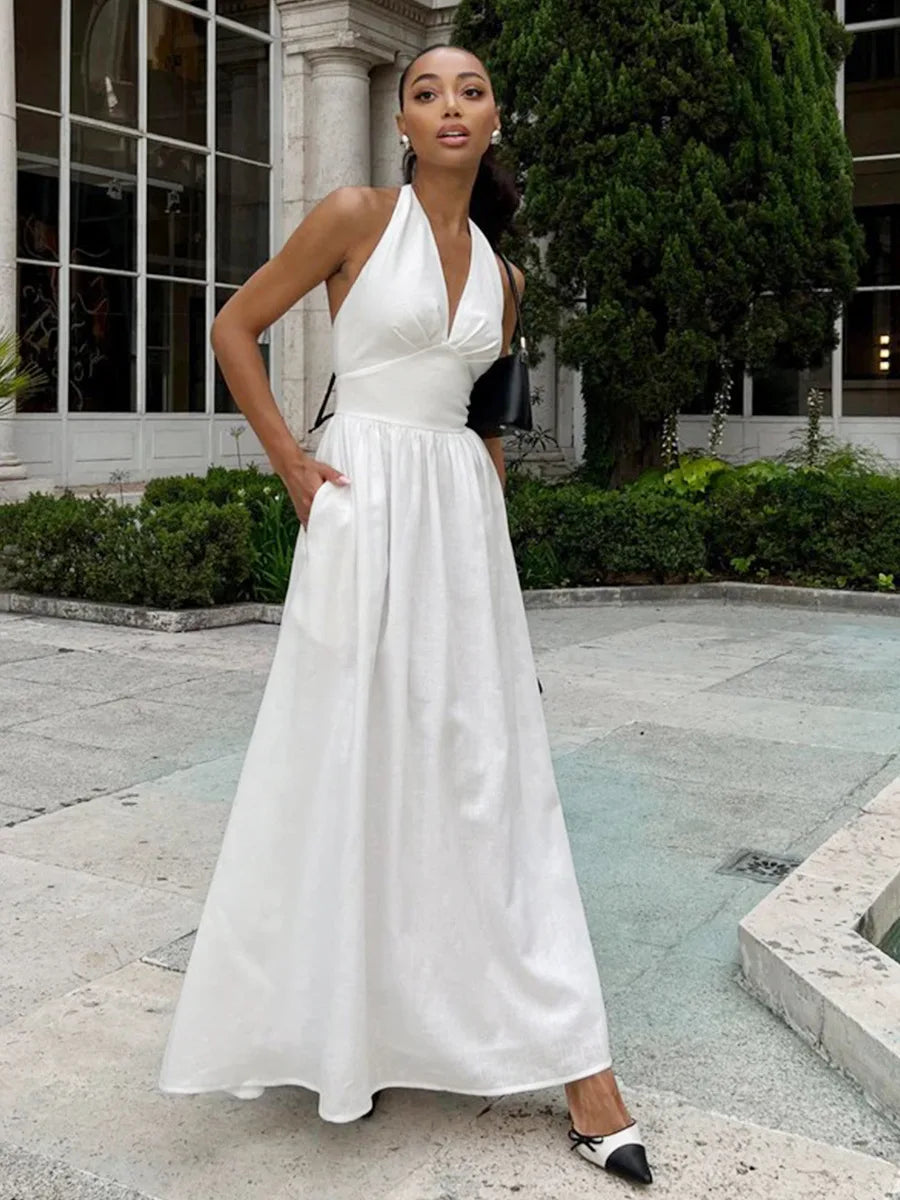 BKLD Pure Cotton Long Dresses 2026 Spring Summer High Waist V-Neck Lace-Up Maxi Dress Party Clubwear Solid Color Women Clothing