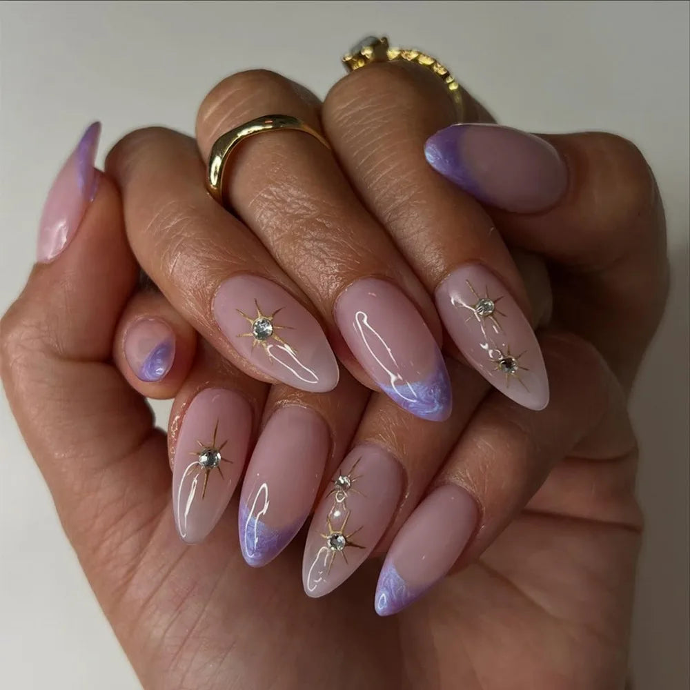 24Pcs Y2k Almond Acrylic Nails Full Cover 3D Diamond Black Nail Art Sweet Cool French Wearable Fake Nail Manicure Tips for Girls