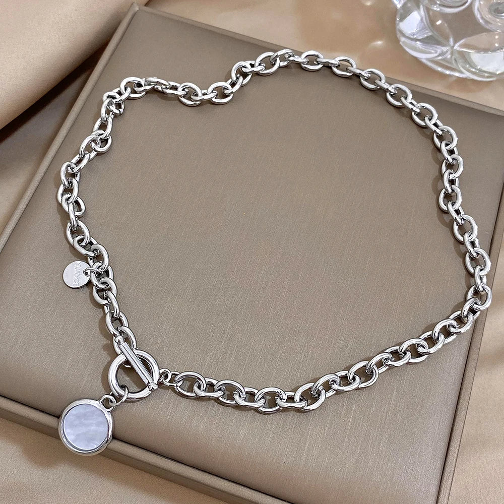 Flashbuy Trendy White Round Pendant Necklace for Women Girls Statement Silver Color Thick Chain Necklace Fashion Jewelry