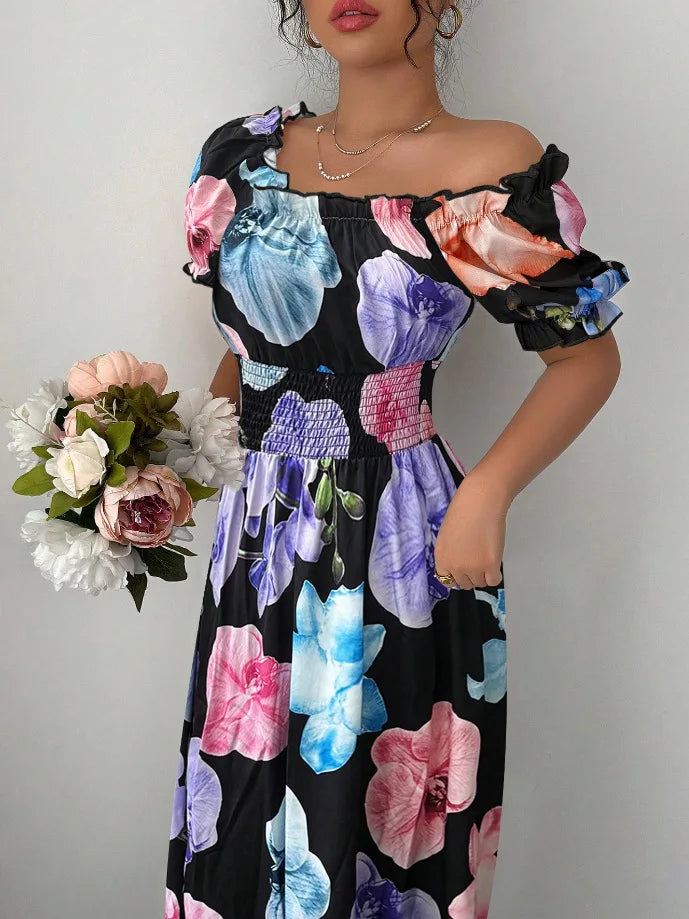 BKLD Women Clothing Summer Floral Print Dress Short Sleeve Square Collar Beach Holiday Outfits Waist Ruched Long Dresses Party