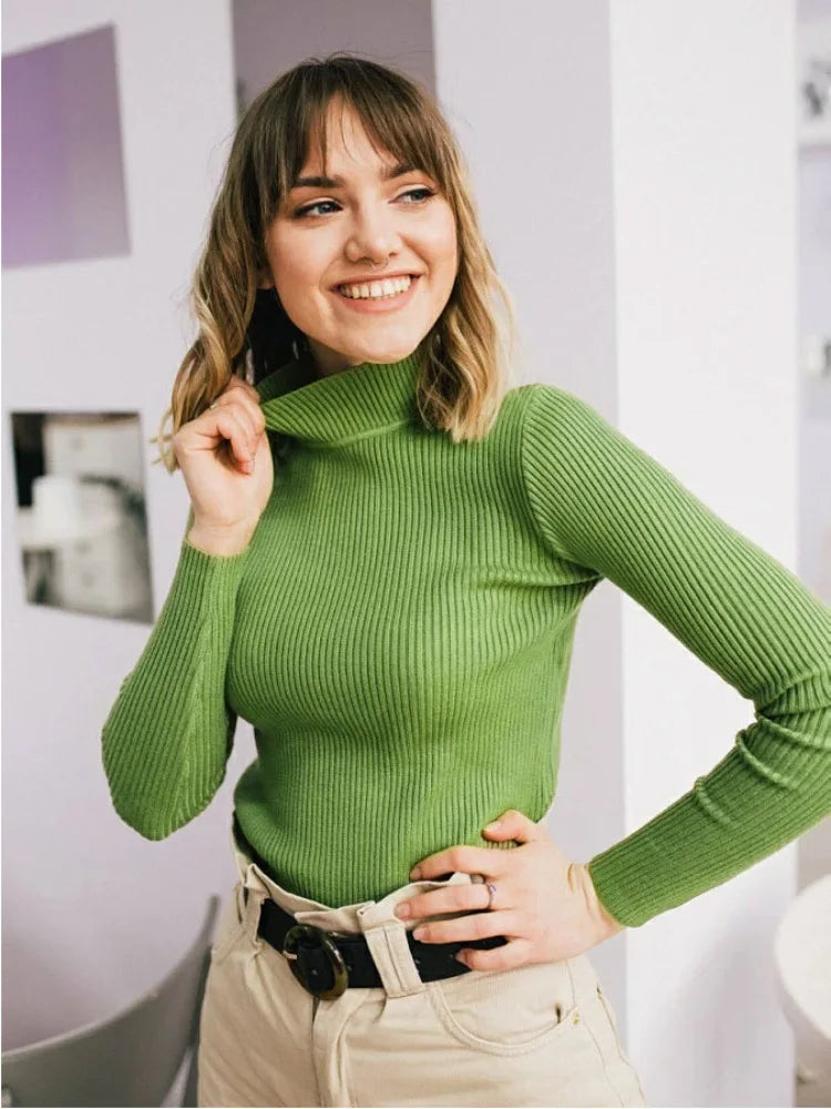 Women's Elegant Knitted Pullover Sweater Vintage Half High Neck Solid Tops Casual Slim Fit Sweaters Autumn Winter Basic Knitwear