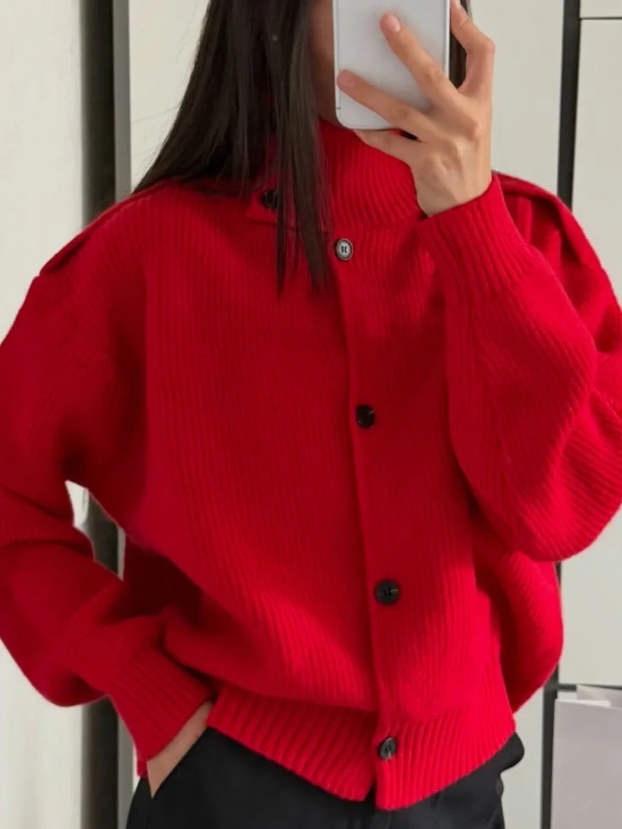 Casual Solid Knitted Cardigan For Women Long Sleeve Button Turtleneck Loose Warm Soft Sweaters Fashion Autumn Winter Outerwear