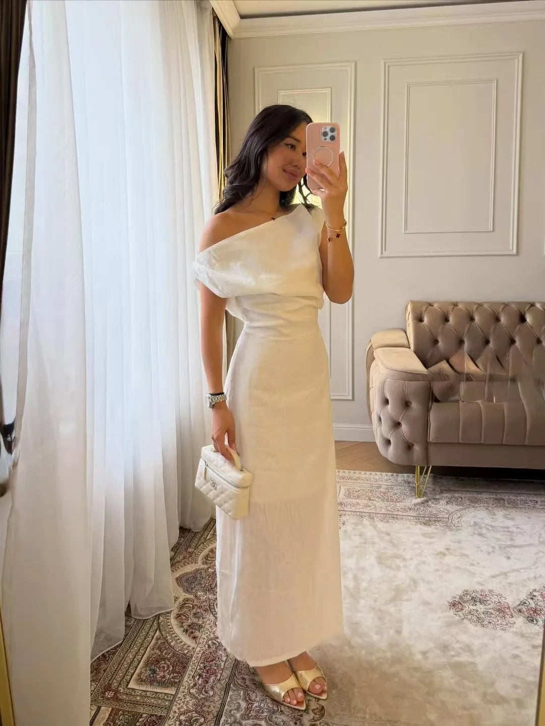 Elegant Solid One Shoulder Dresses Lady Skew Collar Waist-cinching Sleeveless Long Dress 2026 Women New Party Club Gowns