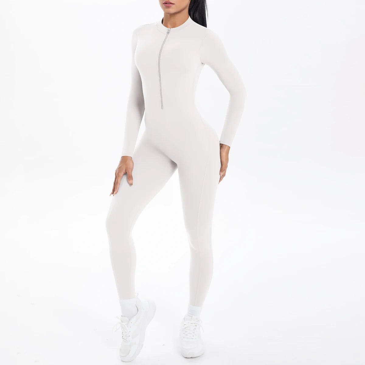 Solid Color Backless Yoga Bodysuits Women's Sportswear Stretch Bodysuit For Women Long Sleeves Jumpsuits Push Up Half Zipper Set