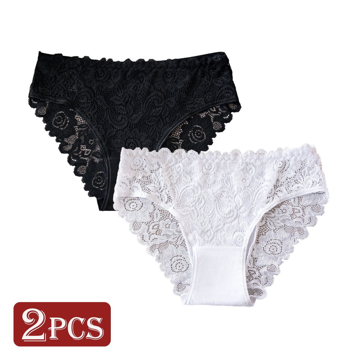 2PCS Classic Elegant Black White Panties Set Women Soft Comfortable Solid Color Cotton Underwear Lace Floral Design Sexy Briefs