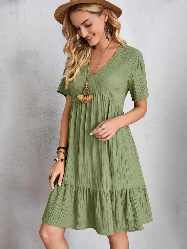 Women Elegant V Neck Ruffles Mini Dress Summer Vintage Solid Loose Sundress Bohemian Casual Solid Beach Party Vestidos