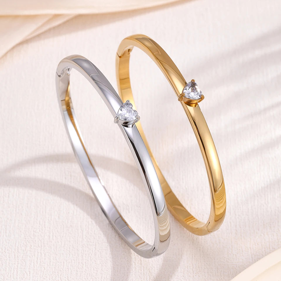 ZAKOL 4/1pcs Fashion Stainless Steel Sackable Bracelets Shiny Heart-shaped Zircon Embellished Bracelet Bangles Charm Jewelry Gif