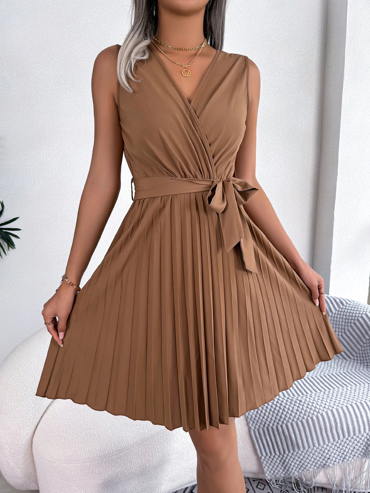 Women Summer Casual V Neck Sleeveless Pleated Knee Length Dress Black Blue Brown Elegant Lace Up Woman Dresses