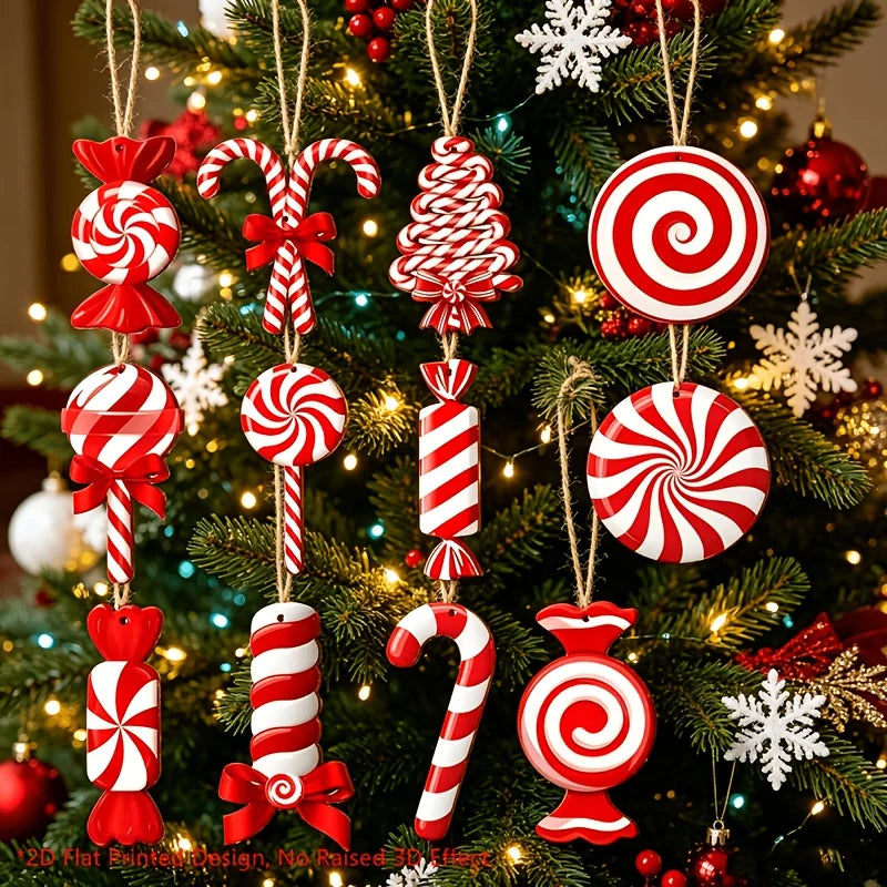 24/36Pcs Wood Peppermint Candy Cane Ornaments with Jute Rope - Red & White Swirl Suitable for Christmas Tree Decorations,Holiday