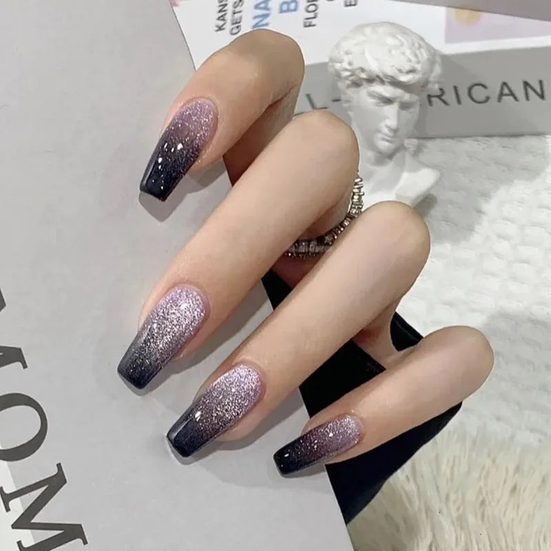 24pcs Galaxy Star Gradient Black Purple Nail Art Glitter Long Press on Nails with Charms Summer Korean Coffin False Nails Girls