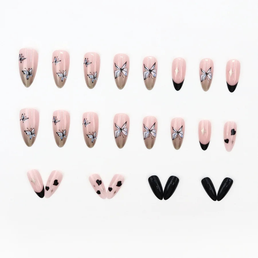 Medium fake nails for women girl green flrora blue black butterfly heart design Almond nail tips full cover press on false nail