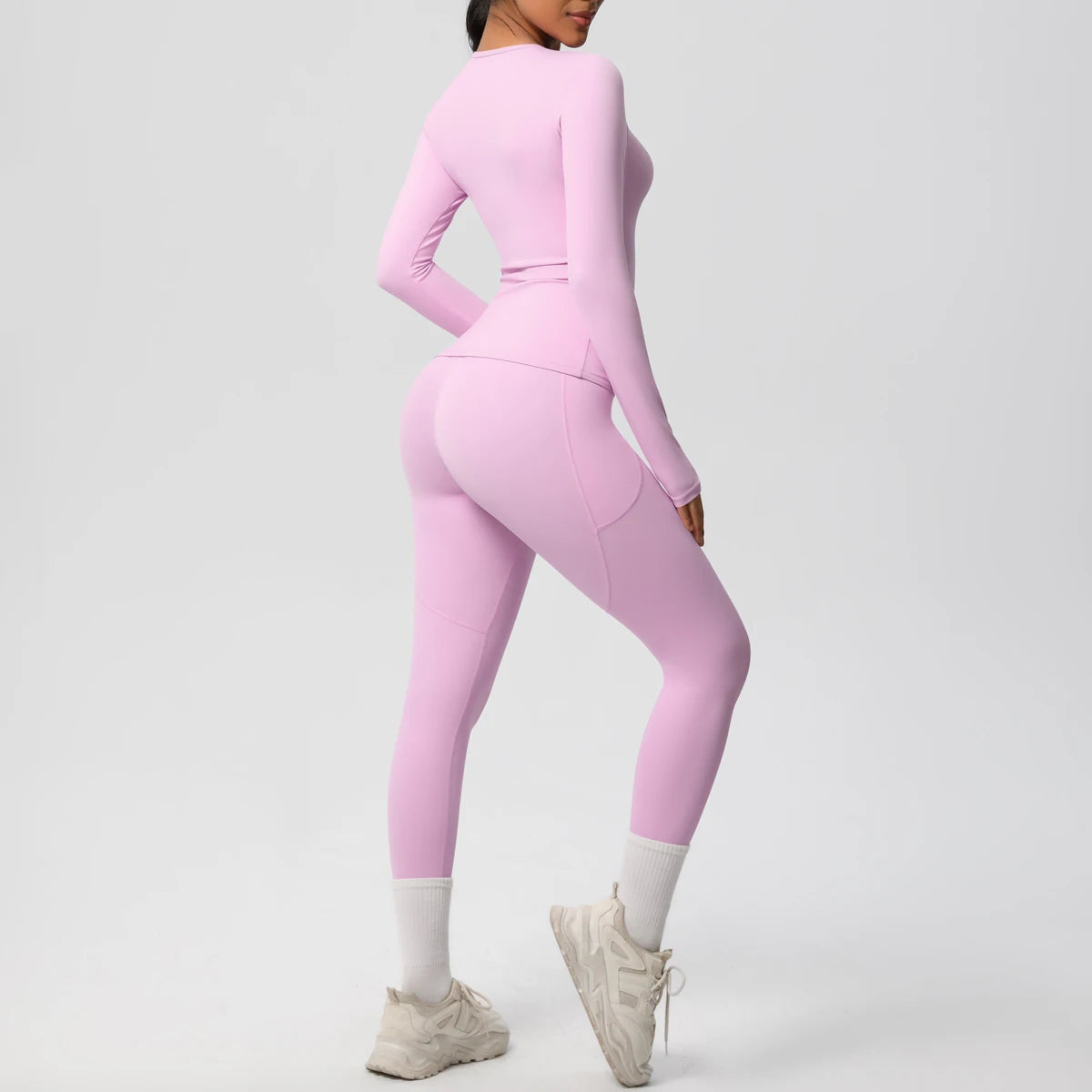 Summer 2PCS Women's Yoga Suit Solid Color High Stretch Slim Casual Long Sleeves Quick Drying Push Up Women Pockets Pants Set
