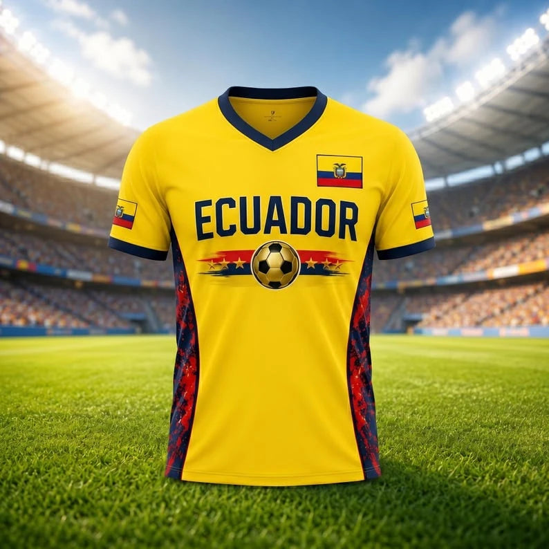2026ECUADORIAN FOOTBALL JERSEY V-NECK JERSEY 3D-PATTERN T-SHIRT CHILDREN'S GIFT MATCH UNIFORM CYCLING AND HIKING GEAR