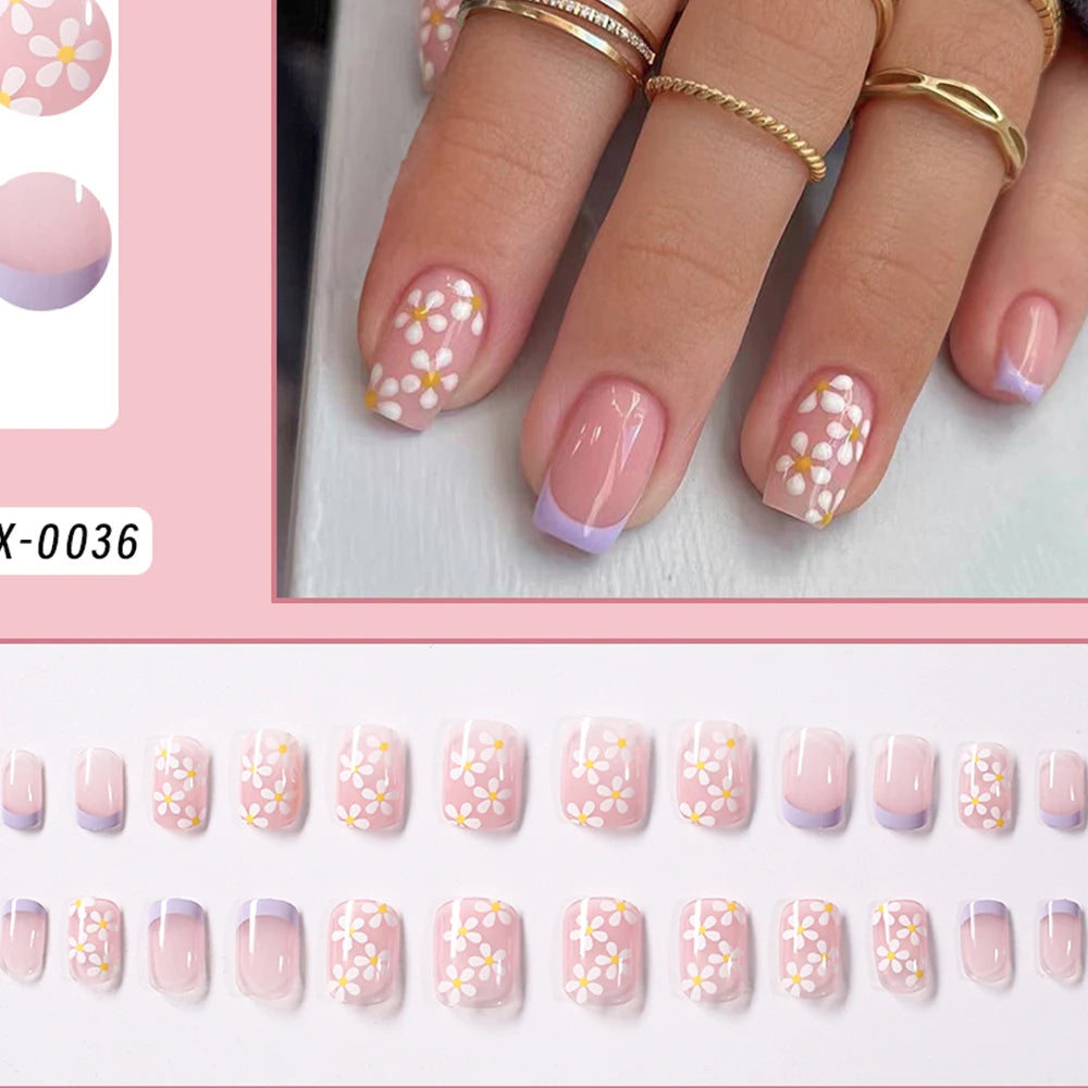 24Pcs Short Square Coffin French Glitter Press On Nails أظافر لاصقة فرنسية لامعة بشكل مربع – 24 قطعة