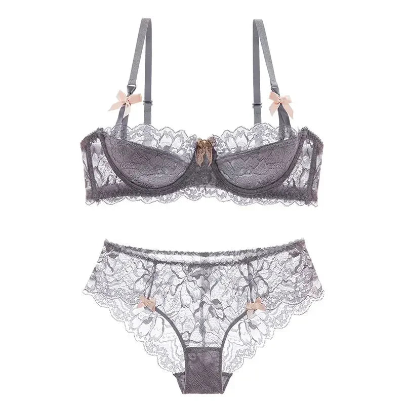 MOYISU 1/2 Ear AB Cup Pure Desire Girl Bra Set | Pull-up Bra Set With Bow Breathable French Lace Bra | Anti-Slip Cup Date Night