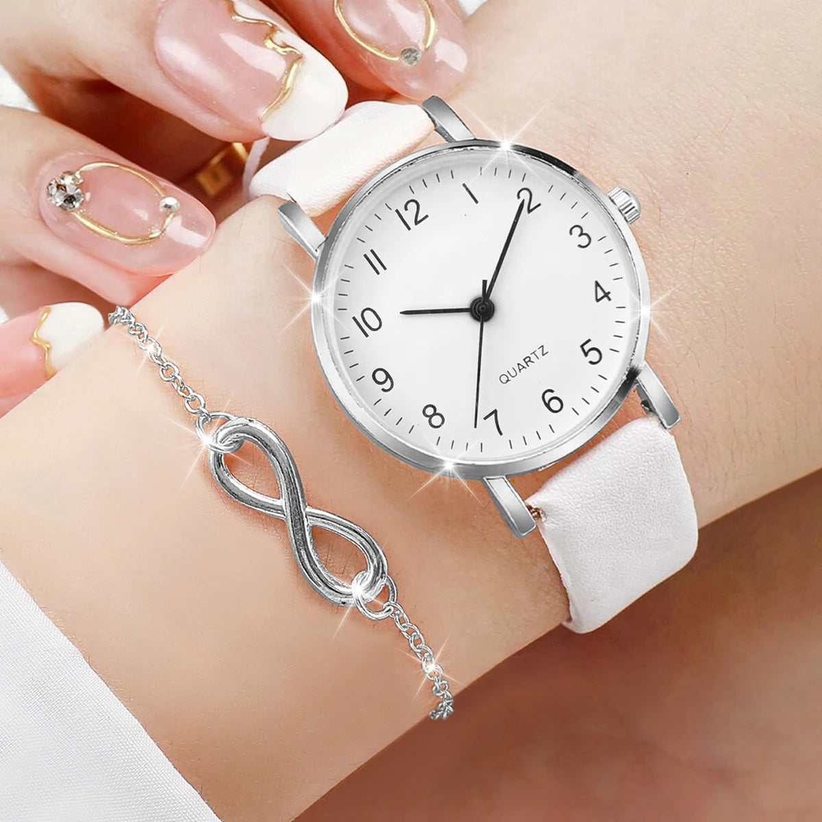 3PCS/Set Women Watches Fashion Small Arabic Dial Ladies Quartz Watch Leather Band Wristwatches Jewelry Set（Without Box）