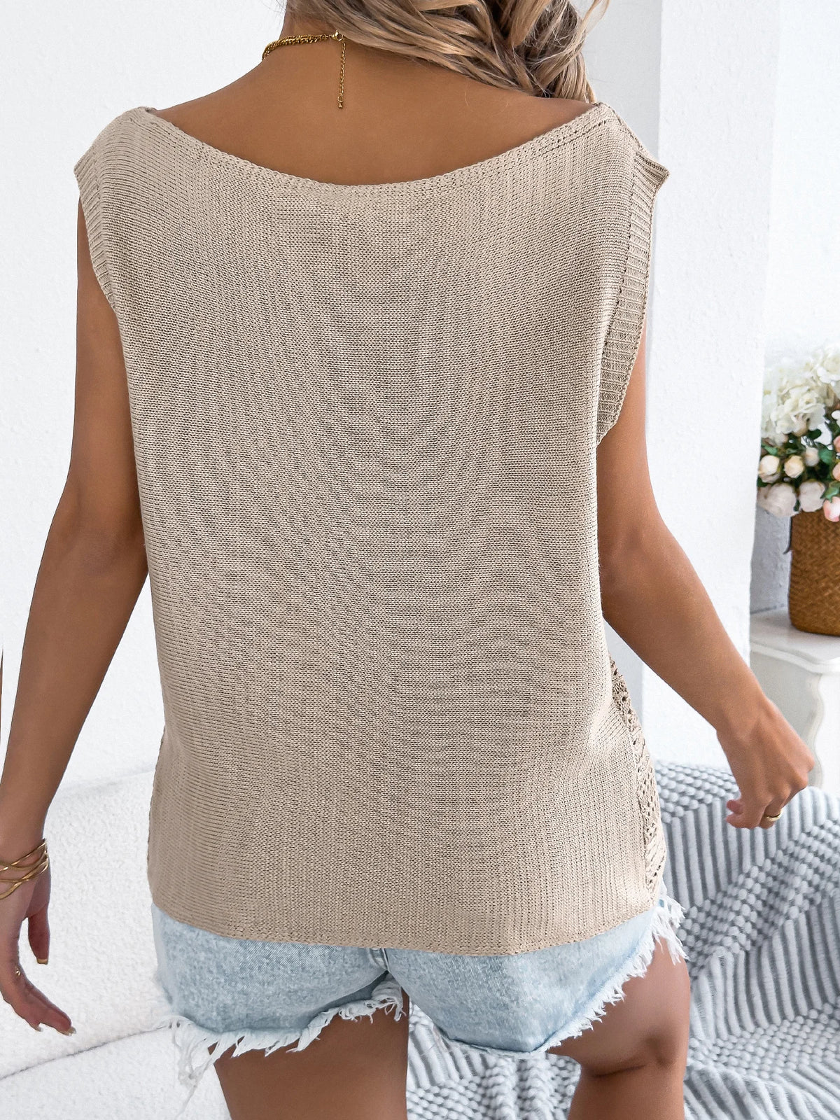 2026 Fashion Women Hollow Out Sleeveless Knitted Tank Tops for Spring Summer Casual Solid Color Round Neck Pullover Khaki Black