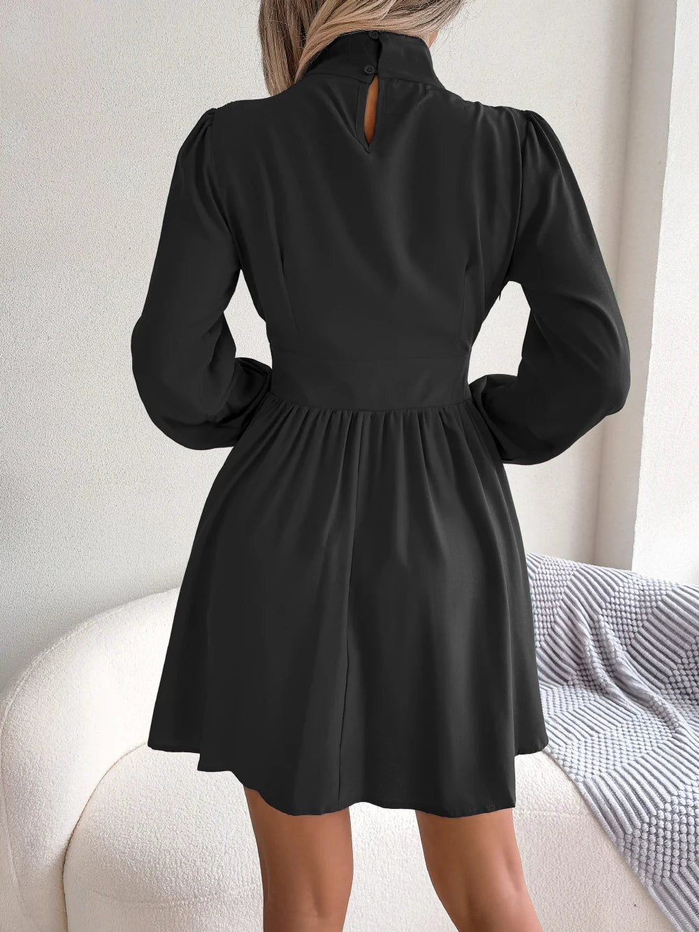 Spring Autumn Casual Solid Hollow Out Long Sleeve A Line Dress for Women Elegant Mini Dresses Red Black White Woman Clothing