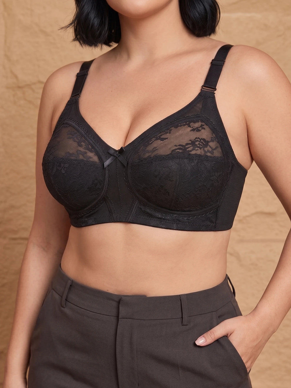 Women Plus Size Full Coverage Bra Floral Lace Sheer Anti Sagging Large Bust Comfortable Wireless Unlined Brassiere