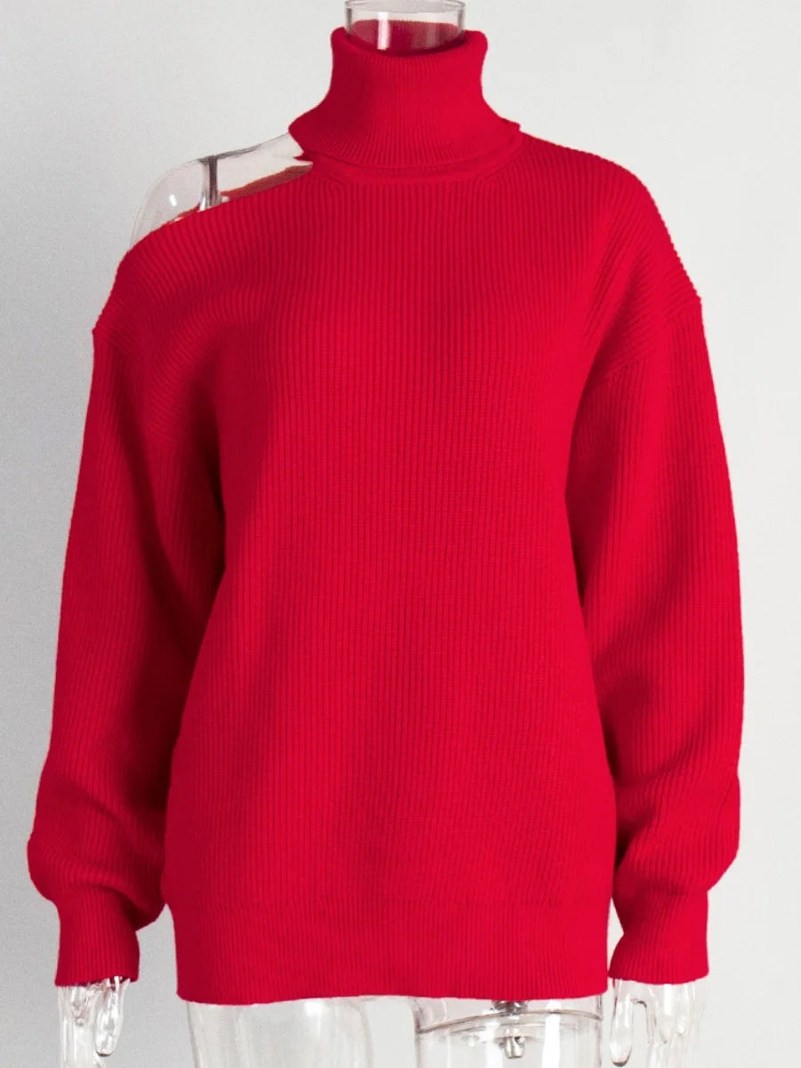 Women New Turtleneck Cutout Shoulder Pullover Long Sleeve Ribbed Knit Trendy Loose Fit Sweater Autumn Winter Fashion Streetwear