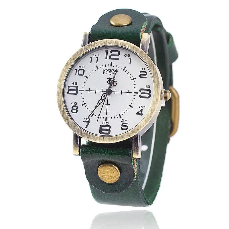Classic vintage-style unisex watch featuring a genuine leather strap