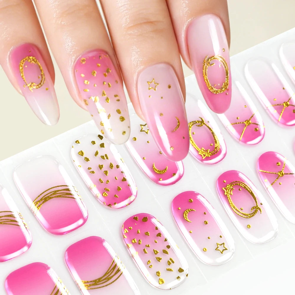 16Tips Gradient Semi Cured Gel Nail Strips Blush Flower Design Full Wrap Nail Decals French Gold Lines Gel Nail Polish Sticker