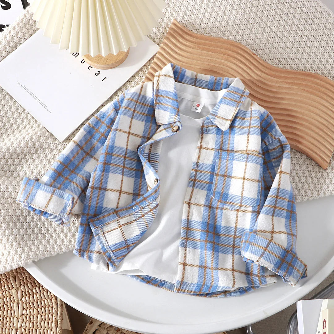 New 2026 Spring Autumn Kids Vintage Long Sleeve Lapel Casual Checked Shirt Tops Boys Classic Plaid Shirts Children's Clothing