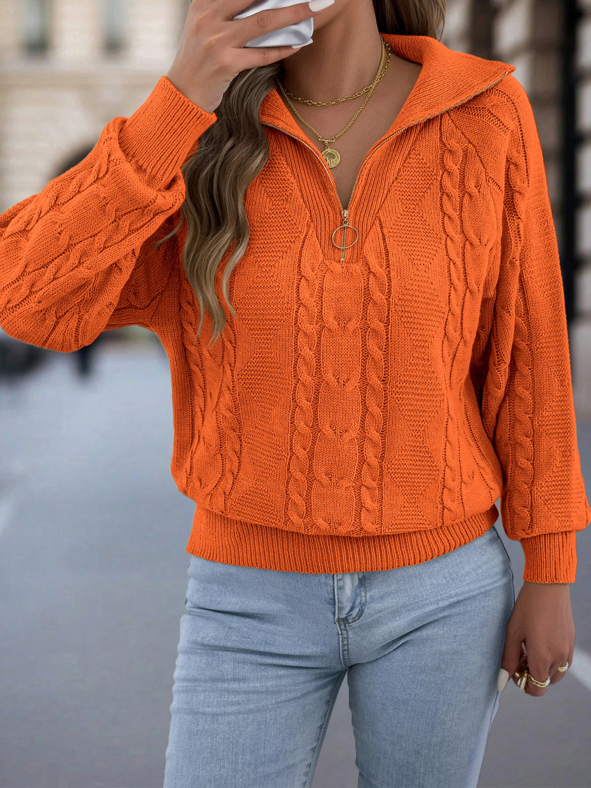 Women's Casual Turn Down Collar Half Zipper Sweaters 2026 Autumn Winter Lantern Long Sleeve Twist Knitted Tops Orange Khaki Red