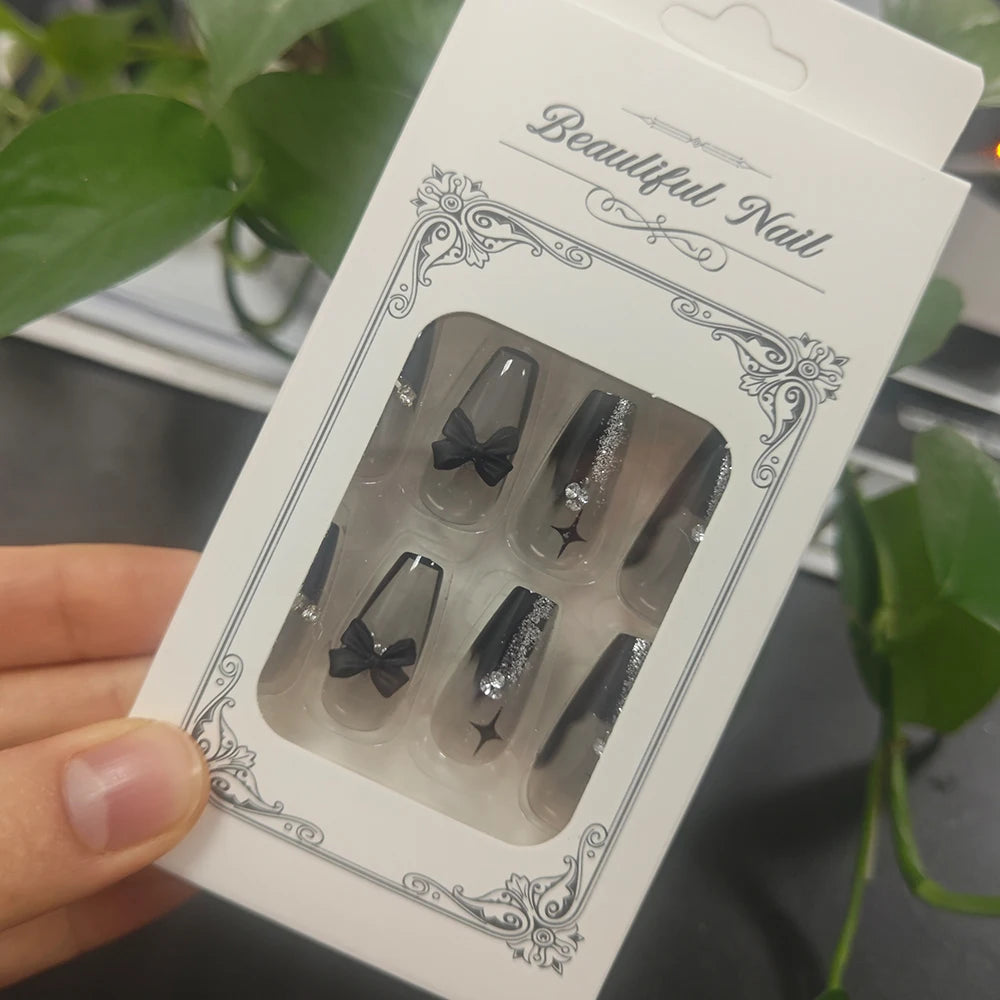 24Pcs Black Bow Ballet French False Nails Acrylic Full Cover Fake Nails with Star Bowknot Rhinestone Coffin Press on Nails