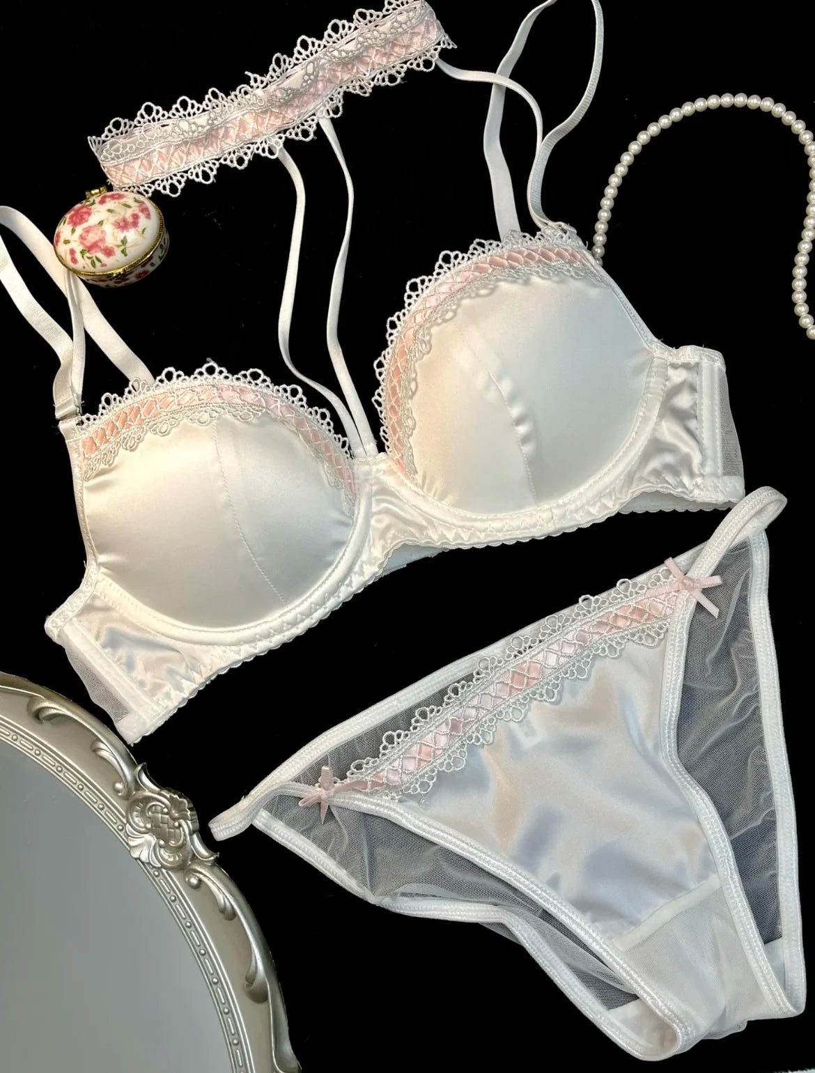 MOYISU Method Pearl Powder Bra Set Lace Halter Neck Design for Small Breasts Big Thick Cup Pure Desire Sexy Underwear for Women