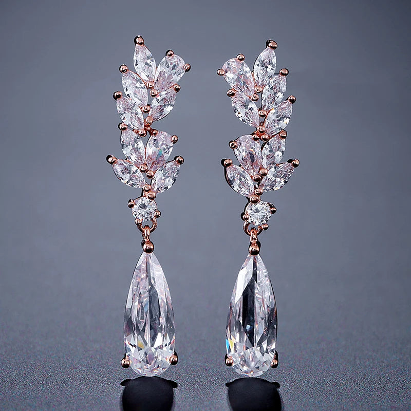 ZAKOL White Zircon Leaf Dangle Earrings for Women Shinny Water Drop Crystal Flower Pendant Earring Bridal Wedding Jewelry