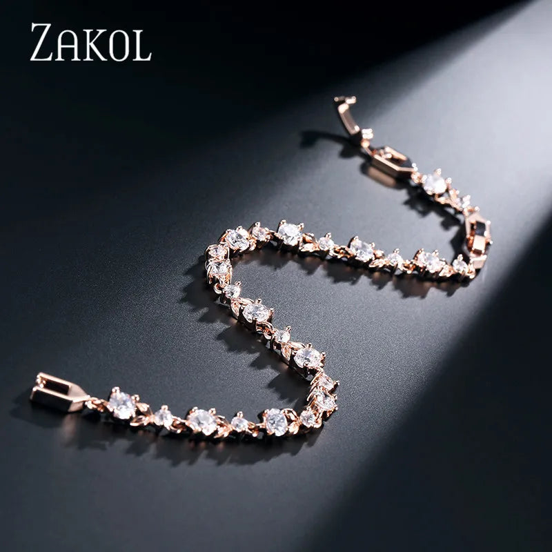 ZAKOL Exquisite Zircon Leaf Bracelets for Women Sliver Color Crystal Men Bangles Fashion Heart Zircon Girls Party Jewelry
