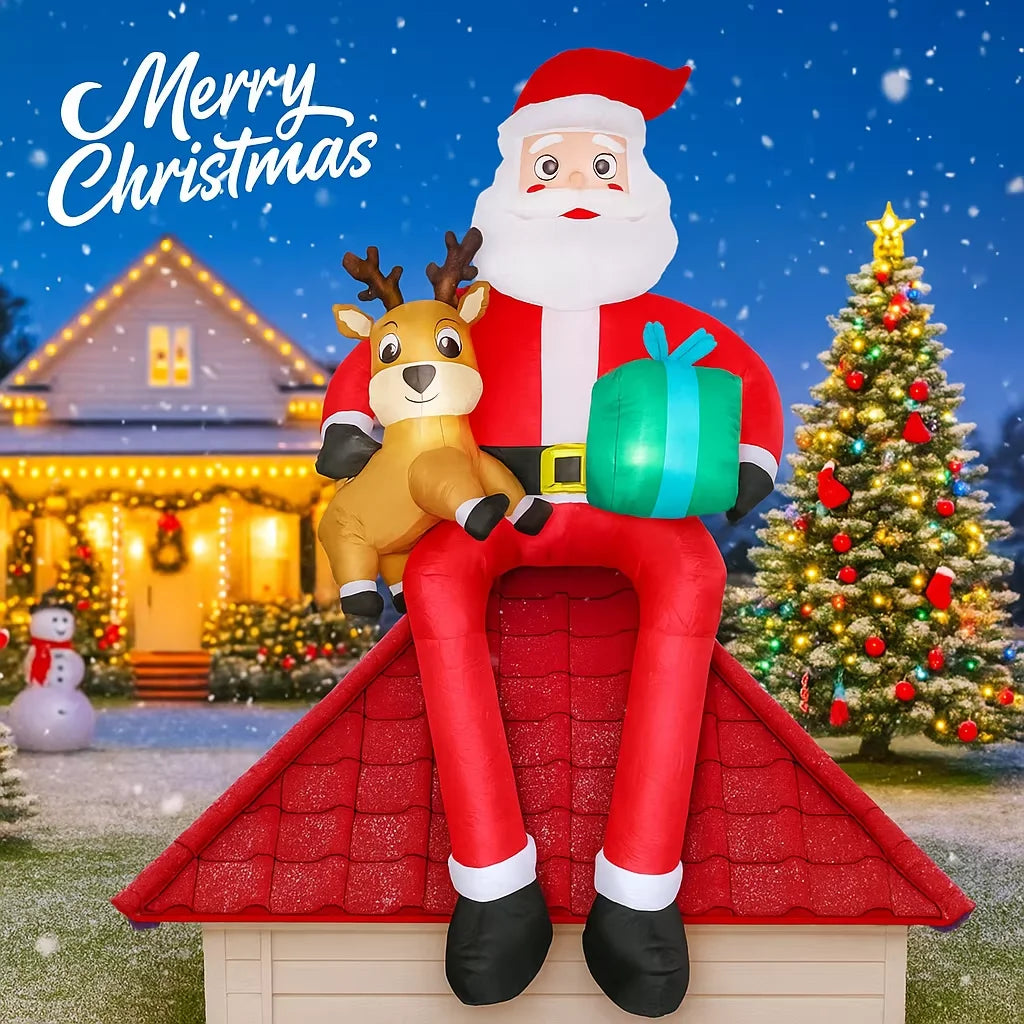 9.5FT Inflatable Santa Claus Sitting on Roof,Blow Up Santa Holding Reindeer Gift Box,Outdoor Yard Christmas Holiday Decorations