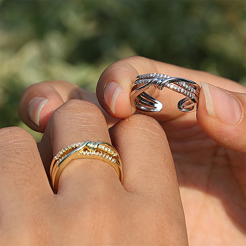 ZAKOL Fashion Double Layers Zircon Rings for Women Gold Color Plated Open Stainless Steel Ring Aesthetic Party Wedding Jewelry