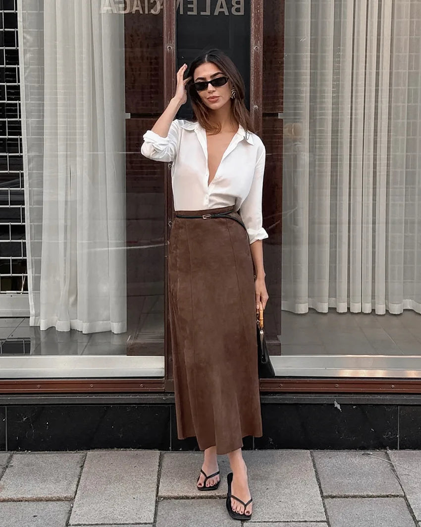 BKLD Autumn And Winter Retro New Fashionable Suede Fabric Brown Slimming High Waist Straight Skirt Casual Long Skirts For Women