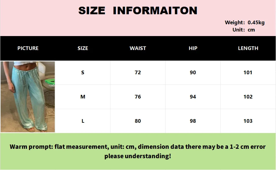 Summer Vacation Y2k Women's Sequined Pants Lady Chic High-Waist Lace Up Loose Fit Straight Mop Trouser Female Casual Streetwear