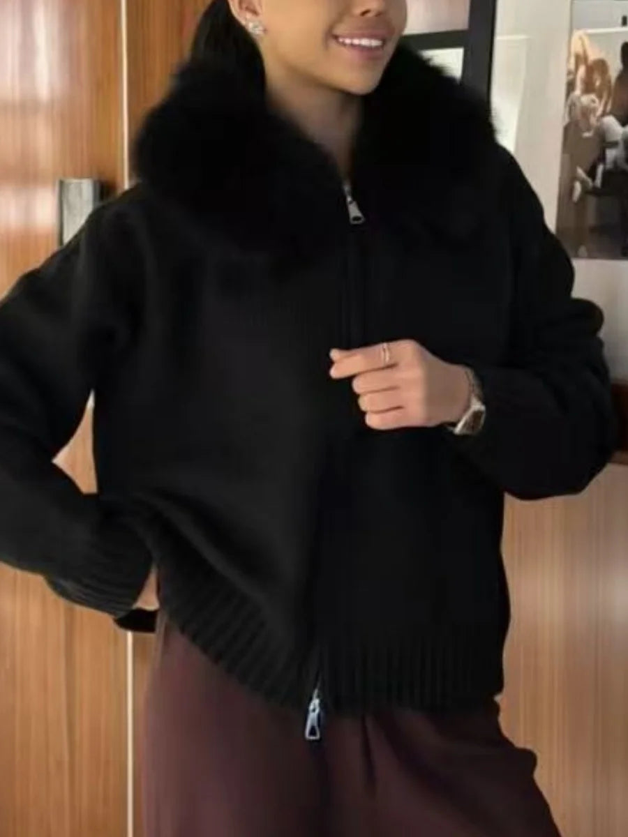 Women Casual Solid Thick Knitted Cardigan Long Sleeve Zipper Patchwork Loose Fit Coats 2026 Autumn Winter Female Basic Knitwears