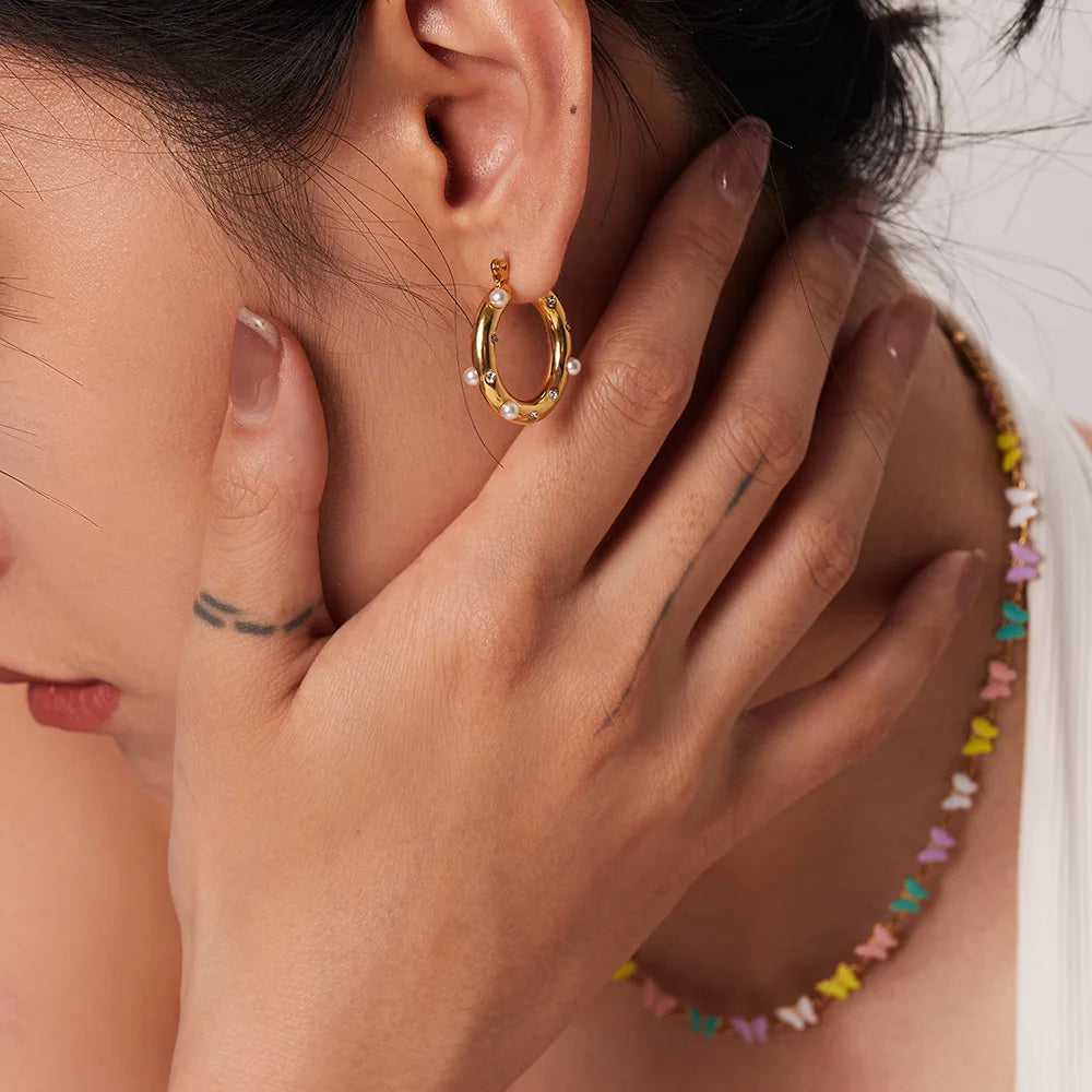 Trendy Gold Color Crystal Stainless Steel Round Earrings For Women Imitation Pearl Metal Earring Party Everyday Jewelry