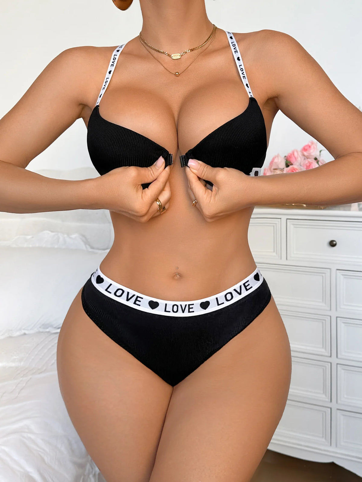 Letter Strap Women's Underwear Set with Push Up and Rib Knit Underwire Women Bra Panties Letter Comfort Lingerie Set