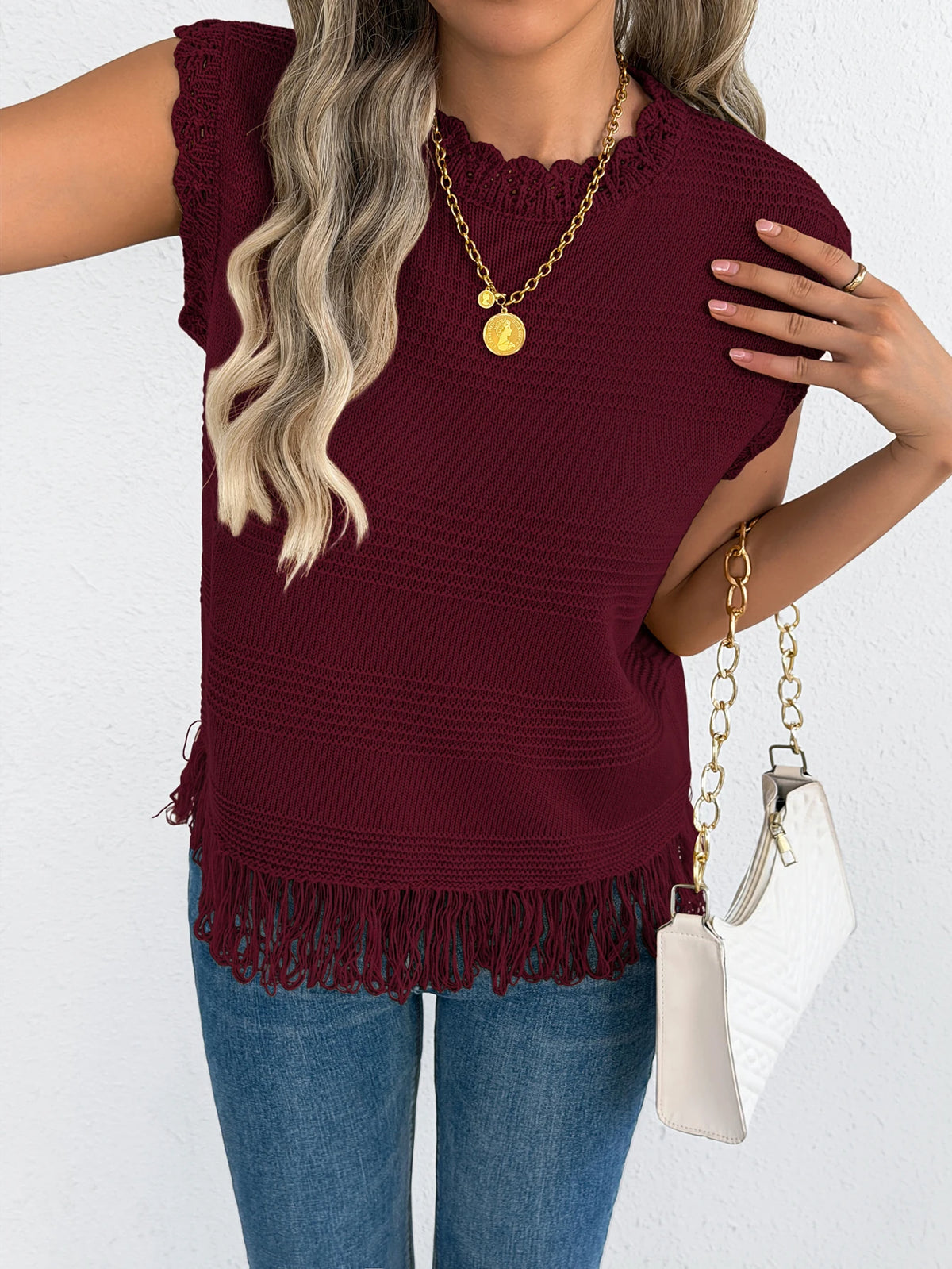 2026 Casual Round Neck Sleeveless Tassel Knit Sweater Vest for Spring Summer and Autumn Style Women Clothes Red Apricot Khaki