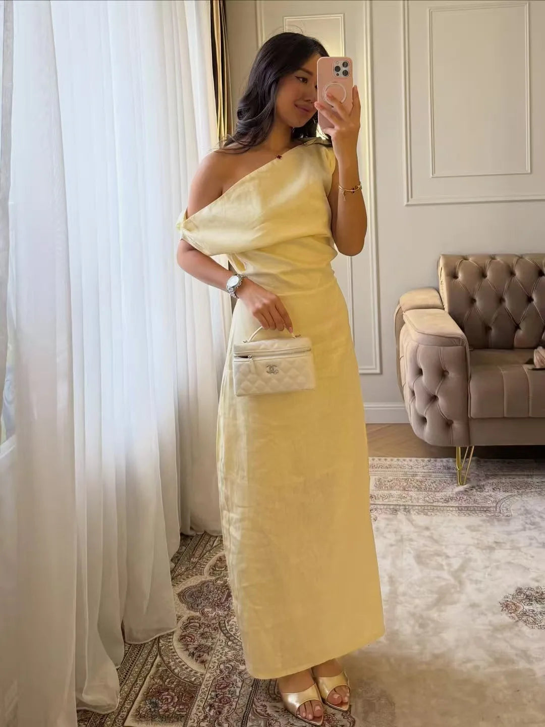 Elegant Solid One Shoulder Dresses Lady Skew Collar Waist-cinching Sleeveless Long Dress 2026 Women New Party Club Gowns