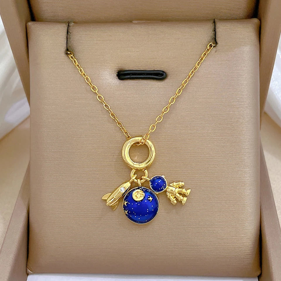 Light Luxury Titanium Steel Star Series Necklace for Women Gold Color Planet Moon Astronaut Pendant Necklaces Jewelry Gifts