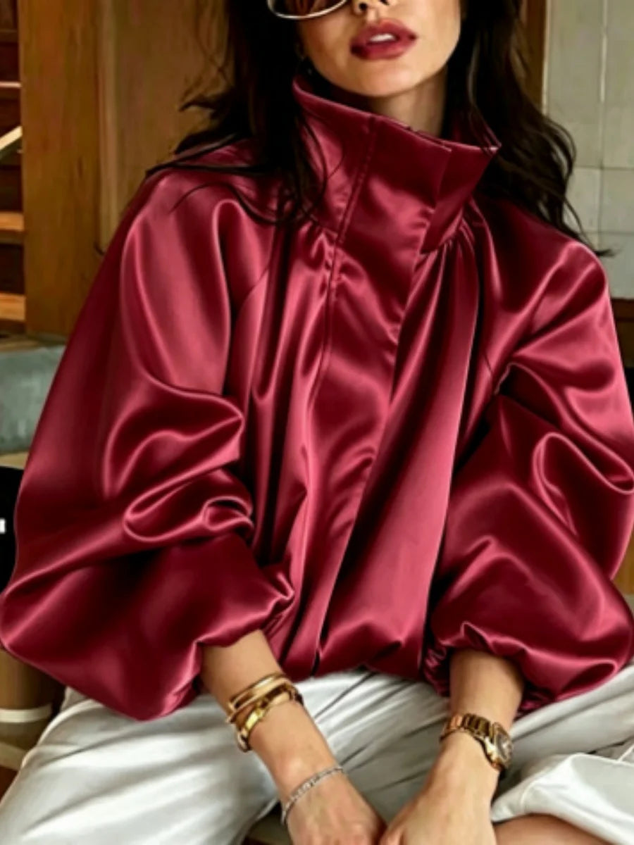 Women's Elegant Satin Zipper Jackets Fashion Stand Collar Long Puff Sleeve Loose Fit Coats Casual Autumn Winter Outerwear