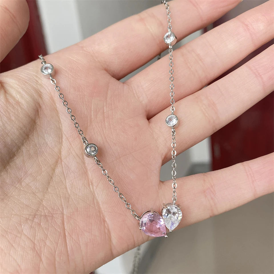 ZAKOL Romantic Pink Zirconia Heart Jewelry Sets for Women Fashion Water Drop Earrings Necklace Set Love Wedding Accessories