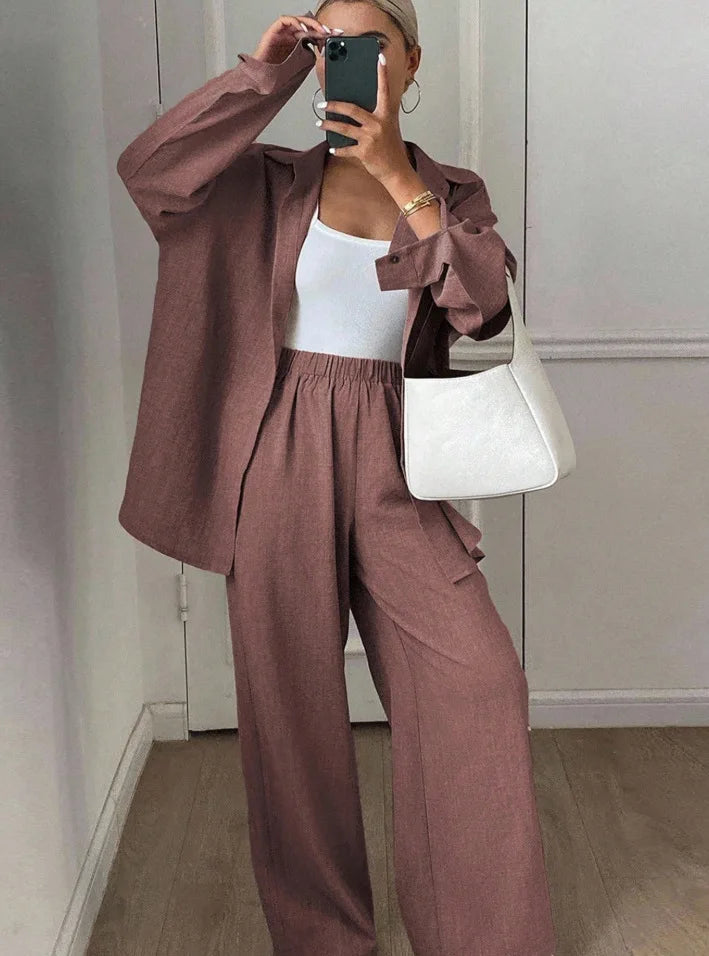 2026 New Women Linen Two Piece Outfit Set Lapel Long Sleeve Button Shirts Elastic Waist Wide Leg Pants Casual Loose Home Suit